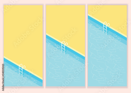 Isometric swimming pool with stairs and transparent water. Summer vacation by the pool. Colorful image of summer fun. Vector set of backgrounds.