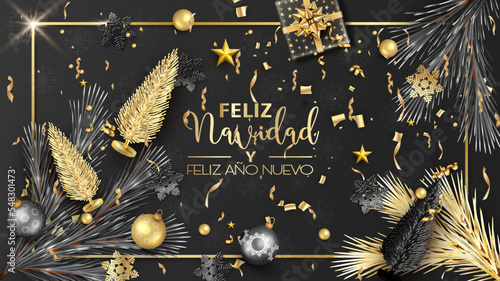 tarjeta o pancarta para desear una Feliz Navidad y un Feliz Año Nuevo en oro en un rectángulo sobre un fondo negro con abetos, regalos, ramas de abeto, bola, estrella, serpentinas en oro y negro y gri