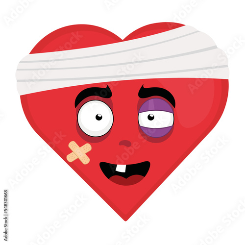 vector illustration of cartoon character of a wounded cartoon heart, with a bandage, a black eye and a single tooth