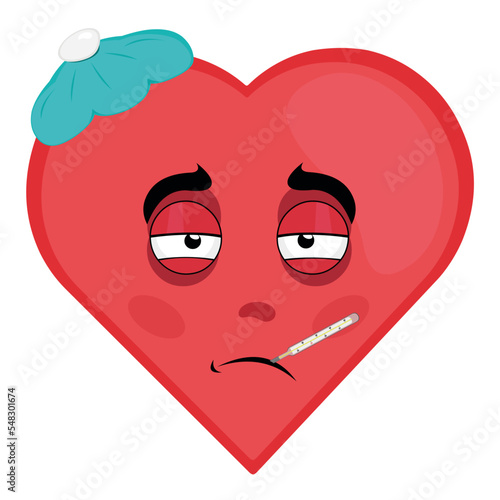 vector cartoon character illustration of a sick heart, with a thermometer in his mouth and a bag of water on his head