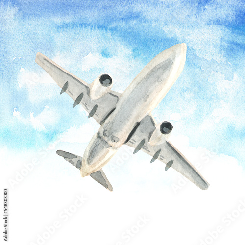 Airplane, white passenger airliner in the blue sky. Hand drawn watercolor illustration, isolated on white background