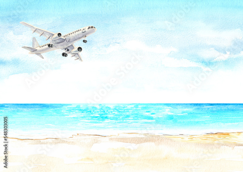 Airplane, white passenger airliner in the blue sky  above the tropical sea. Ttravel concept. Hand drawn watercolor illustration  isolated on white  background photo