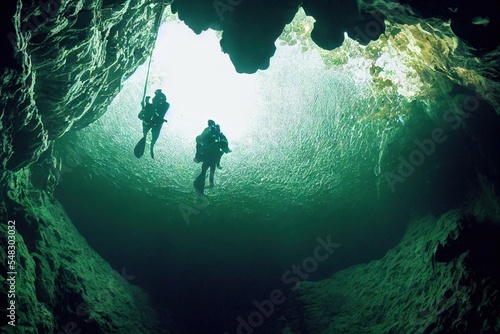 Fotografiet Divers descending to bottom of underwater cave