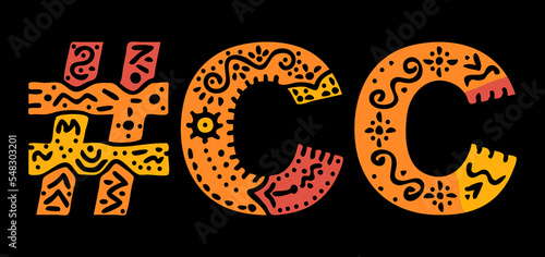 CC Hashtag. Isolated text with national ethnic ornament. Patterned Popular Hashtag #CC for social network, web resources, mobile app, games, clothing, t-shirt, banner, adv. Stock vector image