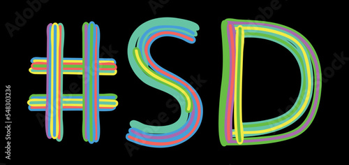 SD Hashtag. Multicolored bright isolate curves doodle letters like from marker, oil paint. #SD is abbreviation for the USA state South Dakota for social network, web resources, mobile apps.