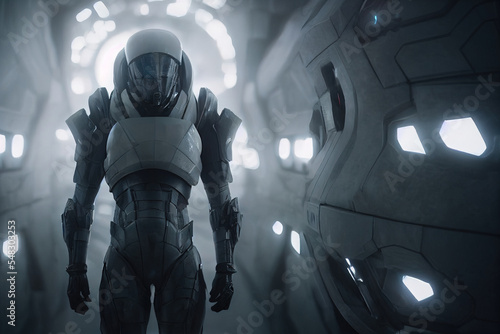 Soldier in futuristic space armor, science fiction, white armor, inside the spaceship. 3d render