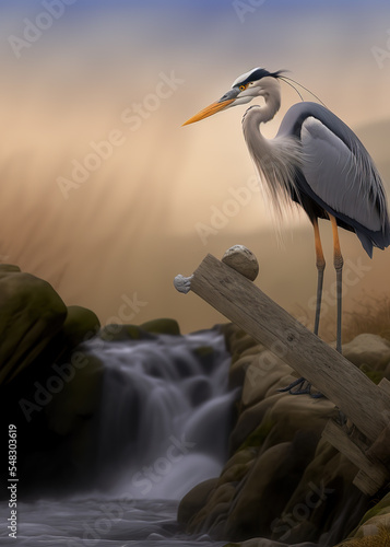 Fotografie great heron fishing patiently by the stream