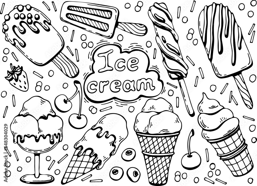 Coloring book ice cream. Hand drawn line art summer illustration