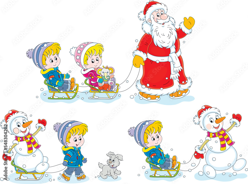 Fototapeta premium Vector cartoon set of sledding Santa Claus, a funny toy snowman and happy little kids with a merry small pup playing in a snowy park on winter vacation