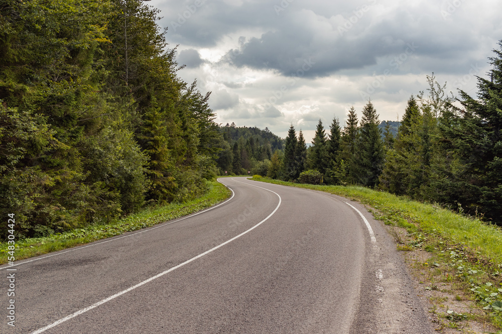 Fototapeta premium Old Road in Carpathian mountains. Ukrainian Carpathians. Road in Carpathians view