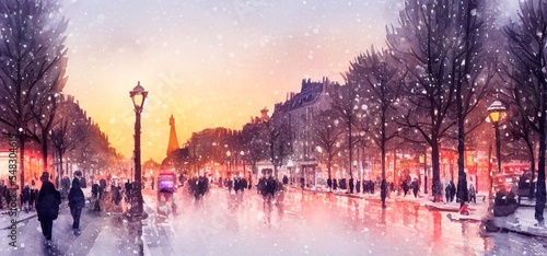 Fototapeta Naklejka Na Ścianę i Meble -  Ai-generated Image Of A Busy Street In Paris In Winter Watercolor Landscape