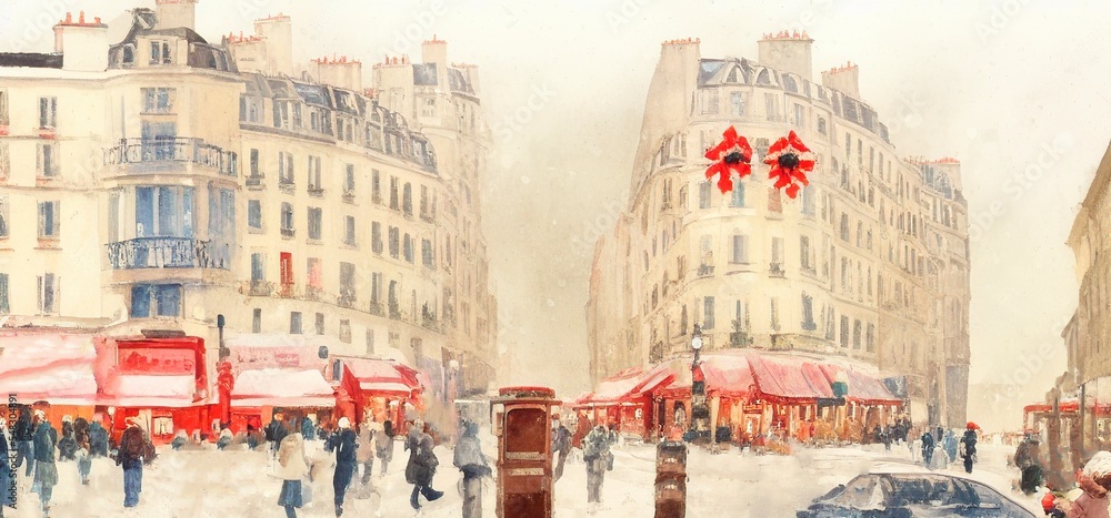 Fototapeta premium Ai-generated Image Of A Busy Street In Paris In Winter Watercolor Landscape