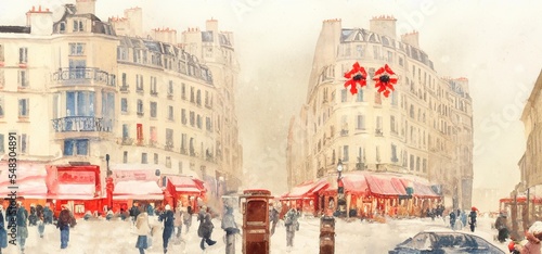 Ai-generated Image Of A Busy Street In Paris In Winter Watercolor Landscape