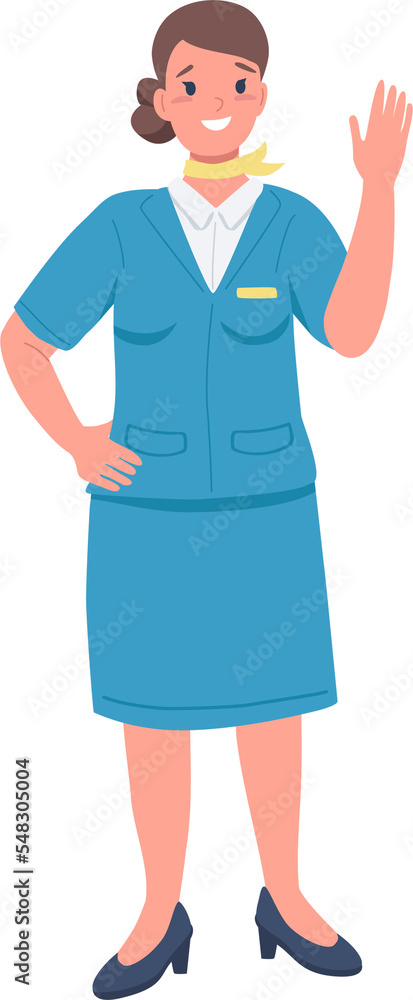 Female flight attendant semi flat color raster character. Posing figure. Full body person on white. Gender equality in workplace simple cartoon style illustration for web graphic design and animation Female flight attendant semi flat color raster character. Posing figure. Full body person on white. Gender equality in workplace simple cartoon style illustration for web graphic design and animation