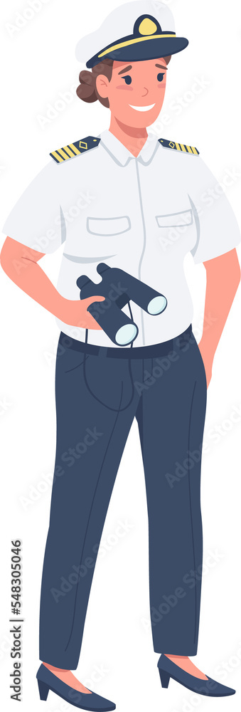 Female cruise ship captain semi flat color raster character. Full body person on white. Gender equality in workplace simple cartoon style illustration for web graphic design and animation Female cruise ship captain semi flat color raster character. Full body person on white. Gender equality in workplace simple cartoon style illustration for web graphic design and animation