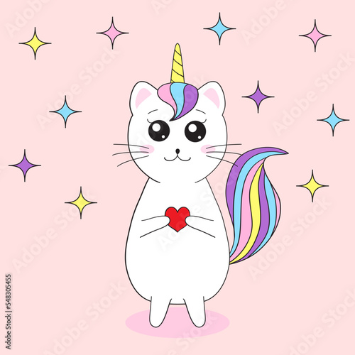 Cute cat unicorn in kawaii style. Children's illustration. Print for t-shirt, greeting card, banner, sticker. Vector illustration