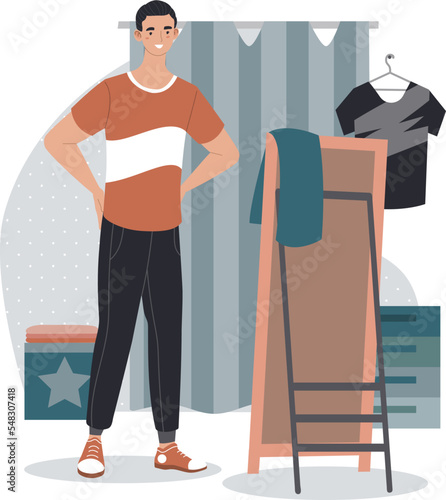 Male character shopping fitting room, man dresses fashion shirt, pant and fashionable clothes isolated on white, cartoon vector illustration.