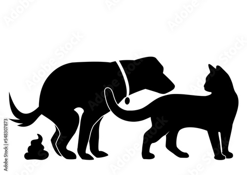 Pooping dog and cat, black vector icon, silhouette