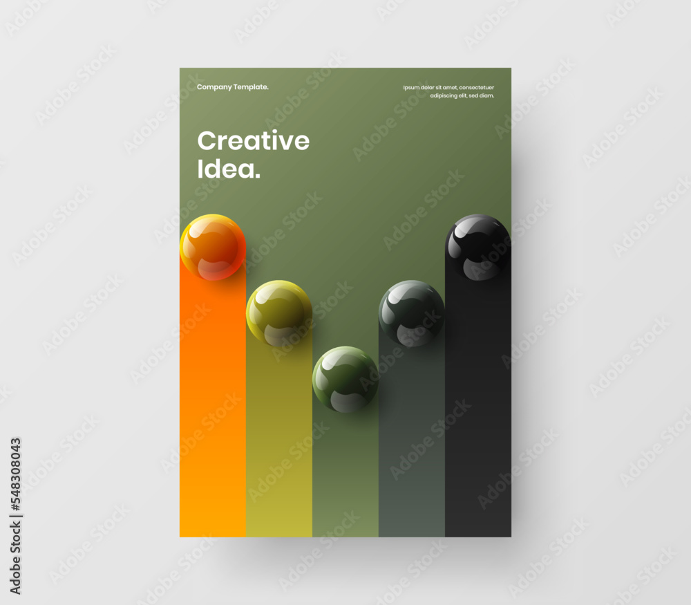Geometric journal cover vector design layout. Original 3D spheres corporate brochure illustration.