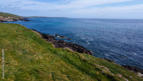 Beautiful views along the route of the Wild Atlantic Way. The green shores of Ireland. Seascape. Aerial photo.