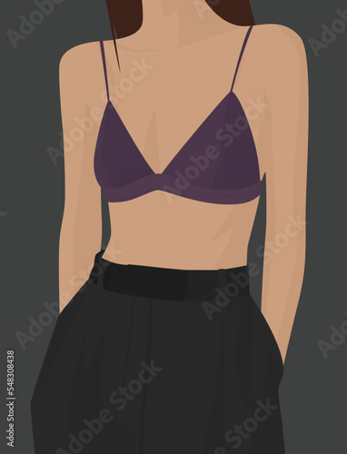 Vector flat image of a brown-haired woman. Lady in gray trousers and a purple top. Design for avatars, posters, backgrounds, templates, banners, textiles, postcards.