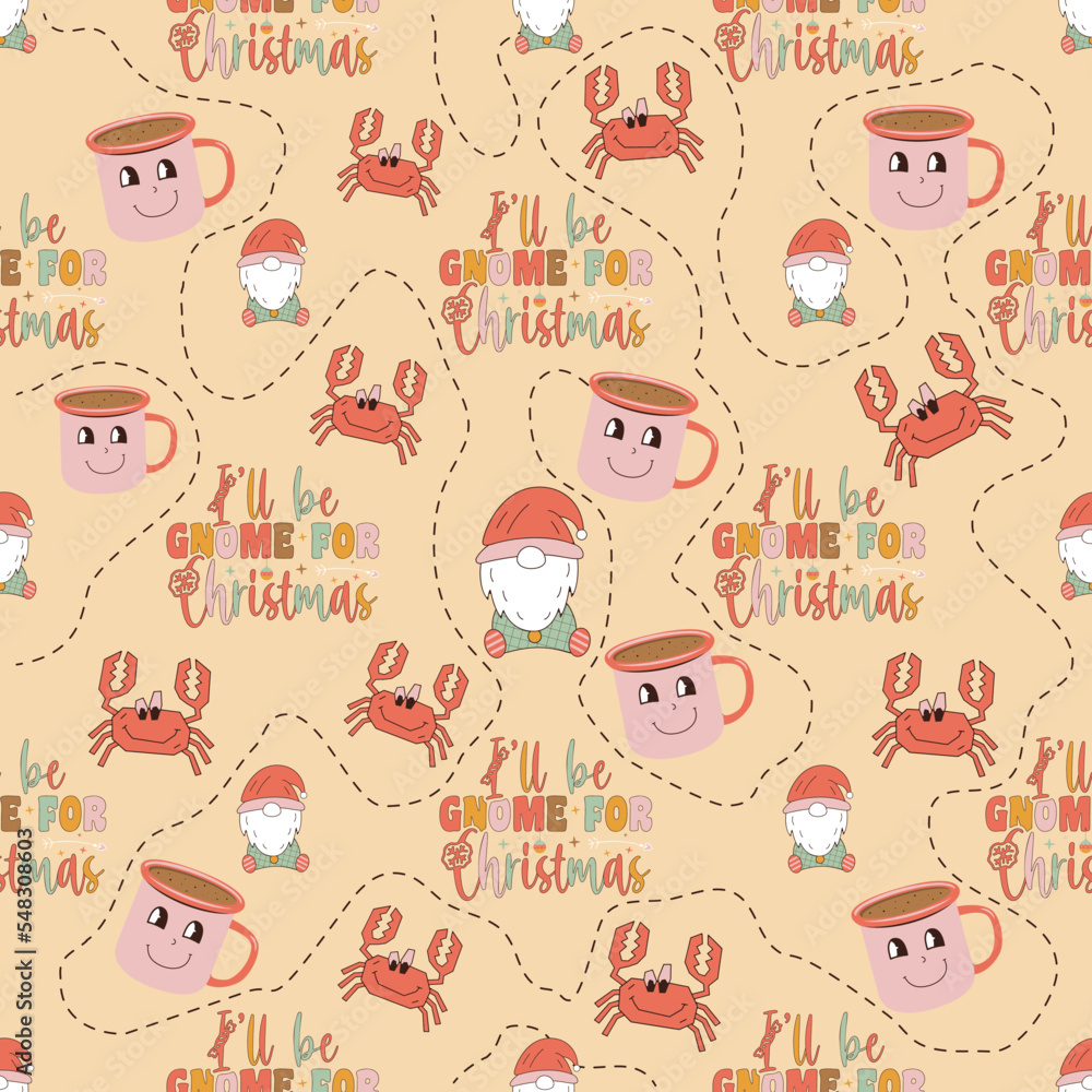 Retro Groovy Christmas seamless pattern with . Cute Holidays background. Wrapping design. Stock vector Retro Groovy Christmas seamless pattern with . Cute Holidays background. Wrapping design. Stock vector