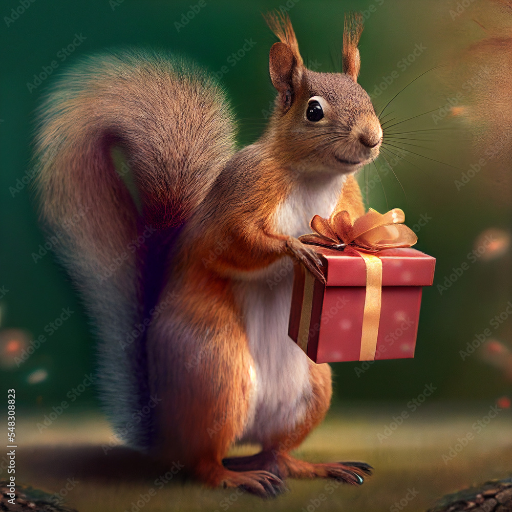 Birthday gift. Squirrel holding a christmas gift. Squirrel with a birthday present. Christmas present - obrazy, fototapety, plakaty 