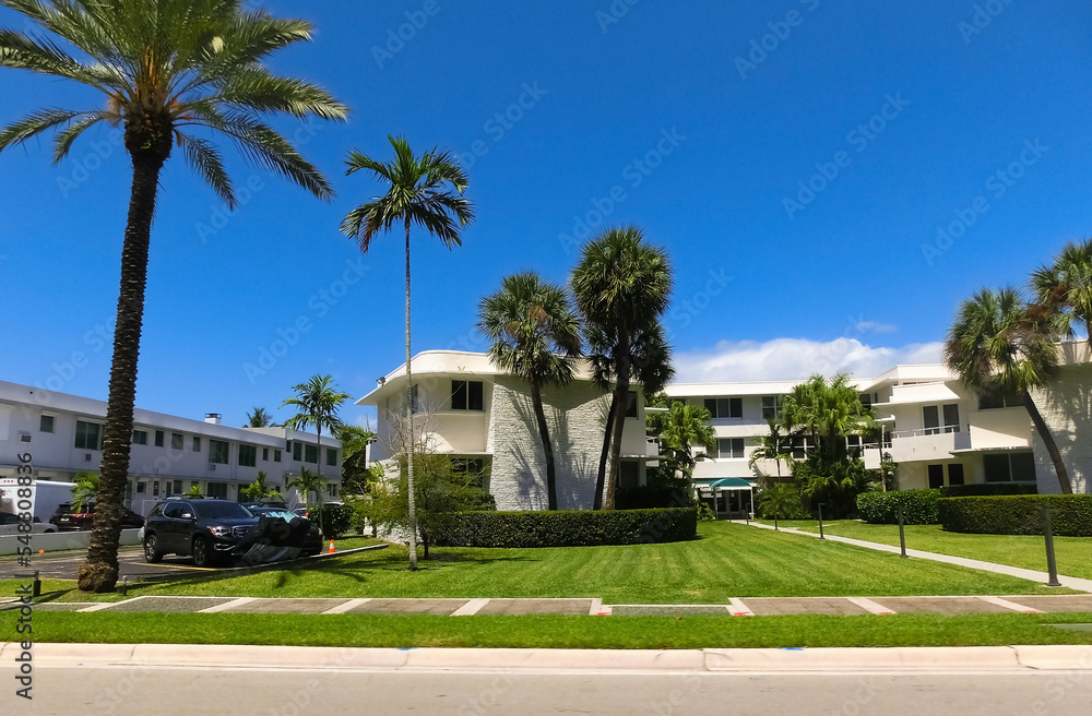 Modern apartment buildings with palm trees at Miami - view from road