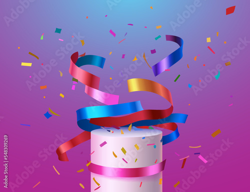 Ribbon podium present, holiday shopping pedestal. Vector illustration