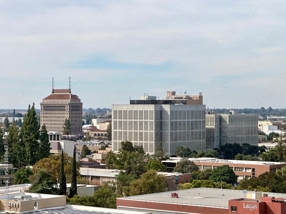 Downtown Fresno, Jail, Daytime, summer, fall, clouds, trees