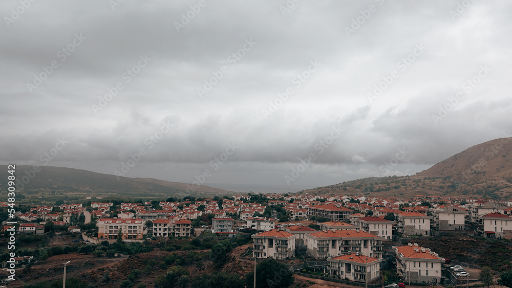 View of the city of Gökçeada in a rainy day, Imbros Island Canakkale Turkey. It is the largest island in Turkey, in the north-northeast of the Aegean Sea.