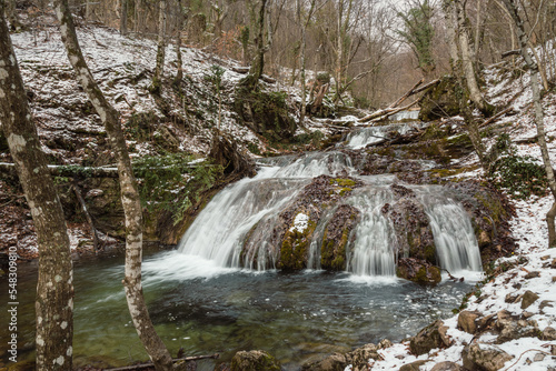 Cascades of Djur-Djur waterfall on Ulu-Uzen river in early spring. Khapkhalskiy canyon in Crimea