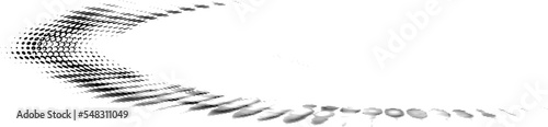 Perforated polka dot, ballpoint, dotted, dashed halftone outline. Spiral bend with sparse serrated lower part.  Vector.