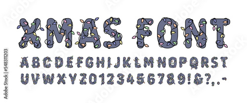 Christmas lights font Family monogram for winter holidays String lights New Year Party Letters and Numbers