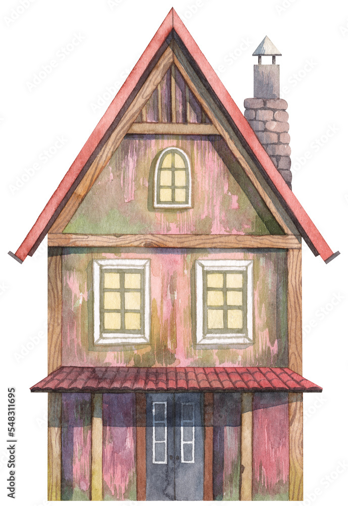 Cute cozy old house facade with chimney and timber frame structure. Watercolor hand painted cottage front view illustration for greeting cards and postcard design Cute cozy old house facade with chimney and timber frame structure. Watercolor hand painted cottage front view illustration for greeting cards and postcard design