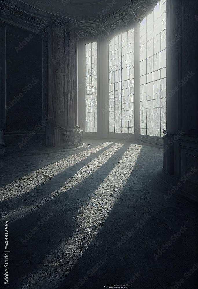 Empty hall with sunlight from window. Inside looking out. Illustration. Empty hall with sunlight from window. Inside looking out. Illustration.