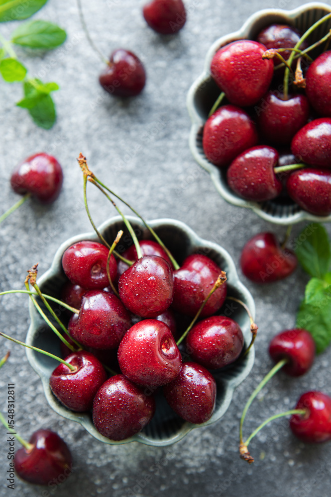 Fresh red cherries fruit in bowl Fresh red cherries fruit in bowl