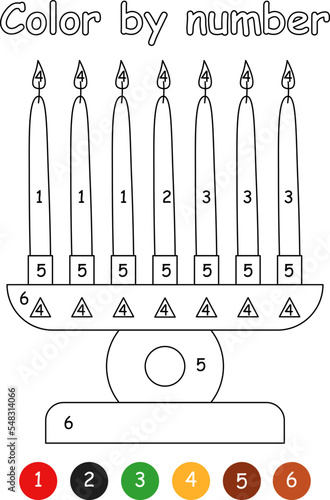 Color by number game for kids. Seven candles in kinara. Printable worksheet with solution for school and preschool. Learning numbers activity. photo