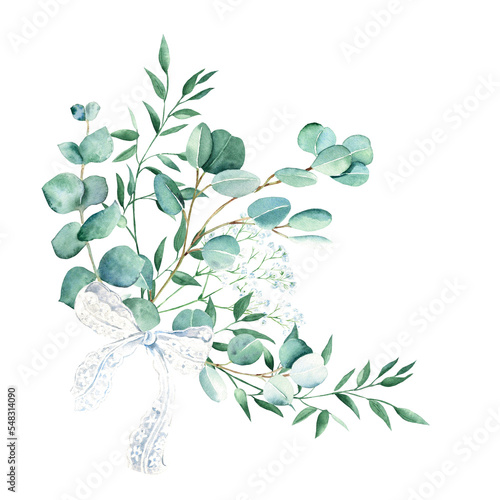 Watercolor foliage bouquet with white lace bow. Eucalyptus  gypsophila and pistachio branches. Hand drawn botanical illustration isolated on white background. Can be used for greeting cards  posters
