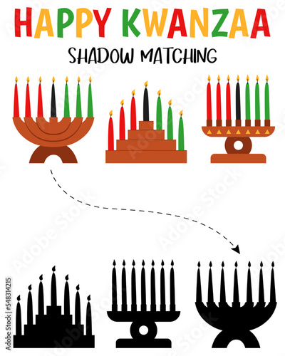 Kwanzaa shadow matching activity for children. Winter puzzle with kinara. New Year african educational game for kids. Find the correct silhouette printable worksheet.