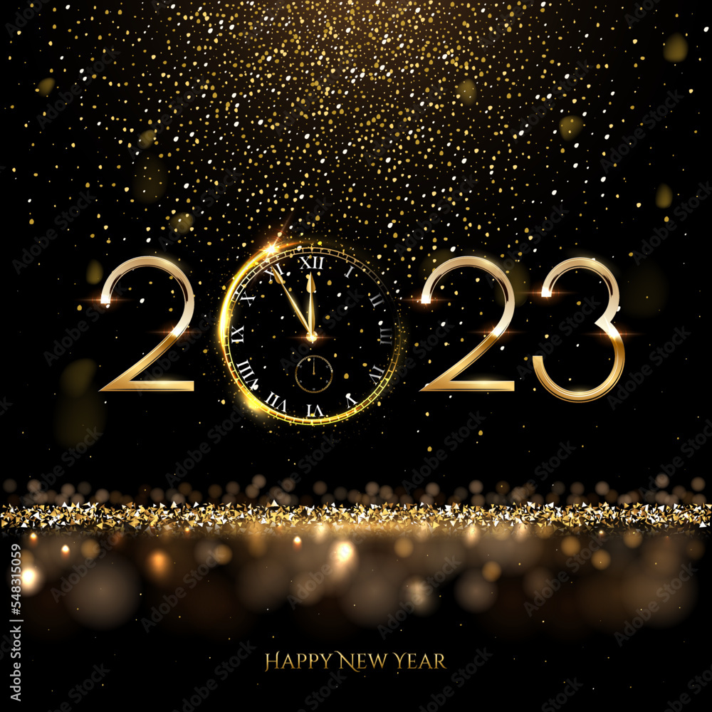 2023 Happy New Year clock countdown background. Gold glitter ...