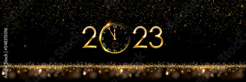2023 Happy New Year clock countdown background. Gold glitter shining in light with sparkles abstract celebration. Greeting festive card vector illustration. Merry holiday poster or wallpaper design.