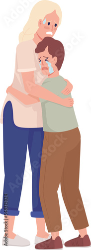 Fototapeta Naklejka Na Ścianę i Meble -  Panicking mother and son semi flat color raster characters. Standing figures. Full body people on white. Crying, terrified family simple cartoon style illustration for web graphic design and animation