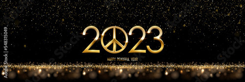Happy Peaceful 2023 Year banner vector template. Winter holiday, Christmas congratulations. Festive postcard, luxurious greeting card concept. Gold numbers with golden glitter illustration