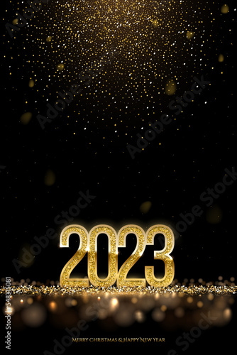 2023 Happy New year vector banner vector template. Winter holiday, christmas congratulations. Festive postcard, luxurious greeting card concept. 2023 number with golden glitter illustration.