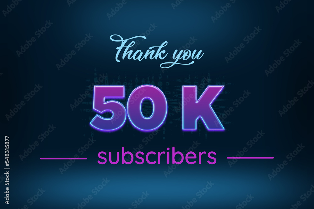 50 K  subscribers celebration greeting banner with Purple Glowing Design