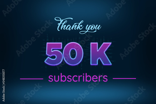 50 K subscribers celebration greeting banner with Purple Glowing Design