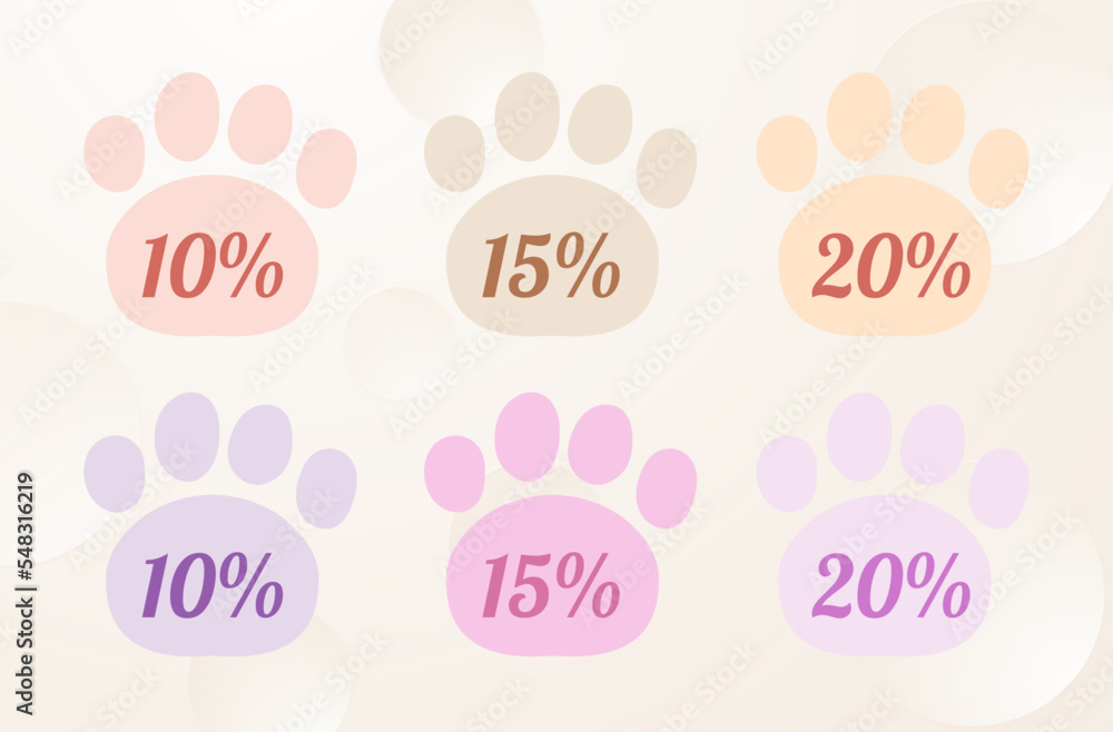 Naklejka premium Promotional pet paw vector collection with percentage off 