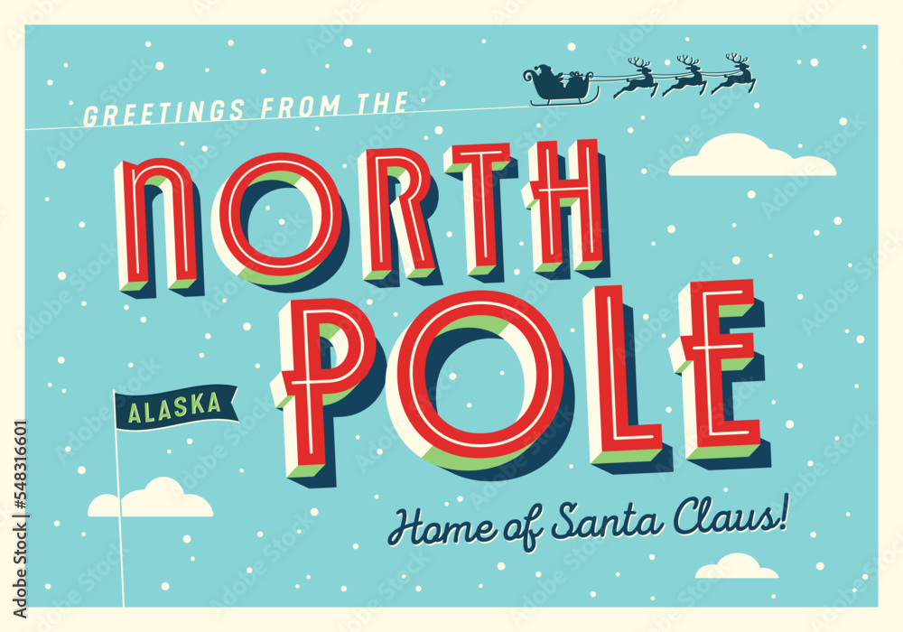 Greetings from The North Pole, Alaska, USA - Home of Santa Claus -  Christmas postcard - Vector EPS10. Stock Vector | Adobe Stock