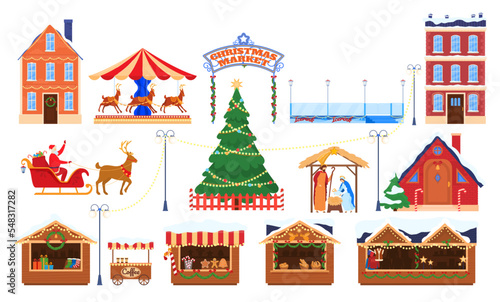 Christmas market fair decoration and kiosk, holiday street outdoor sale, merchandise houses vector illustration. New Year tree, santa sleg and deer, biblical nativity story, carousel
